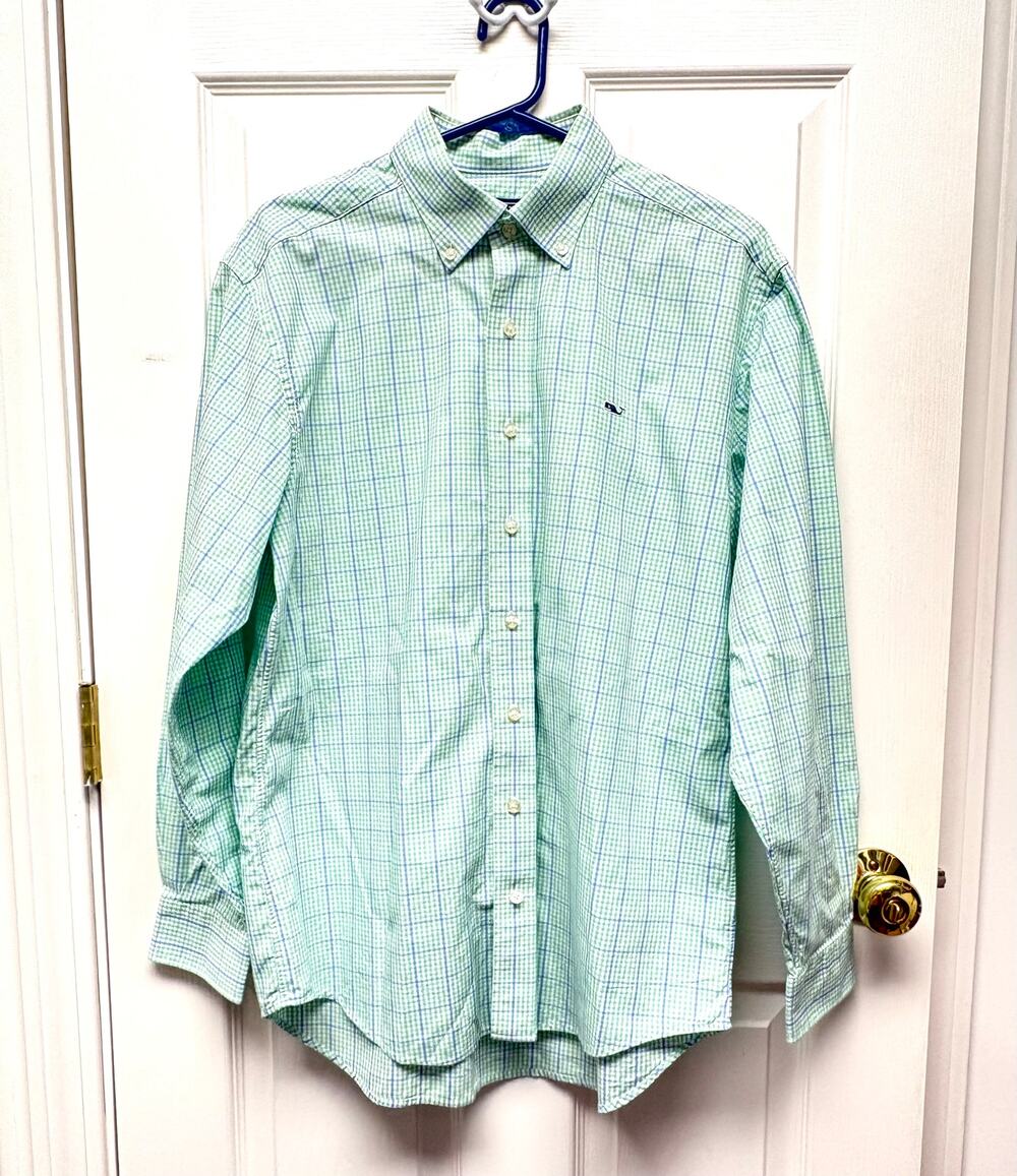 Vineyard Vines Shirt Button Down 100% Cotton Green Plaid Men’s Size M Whale